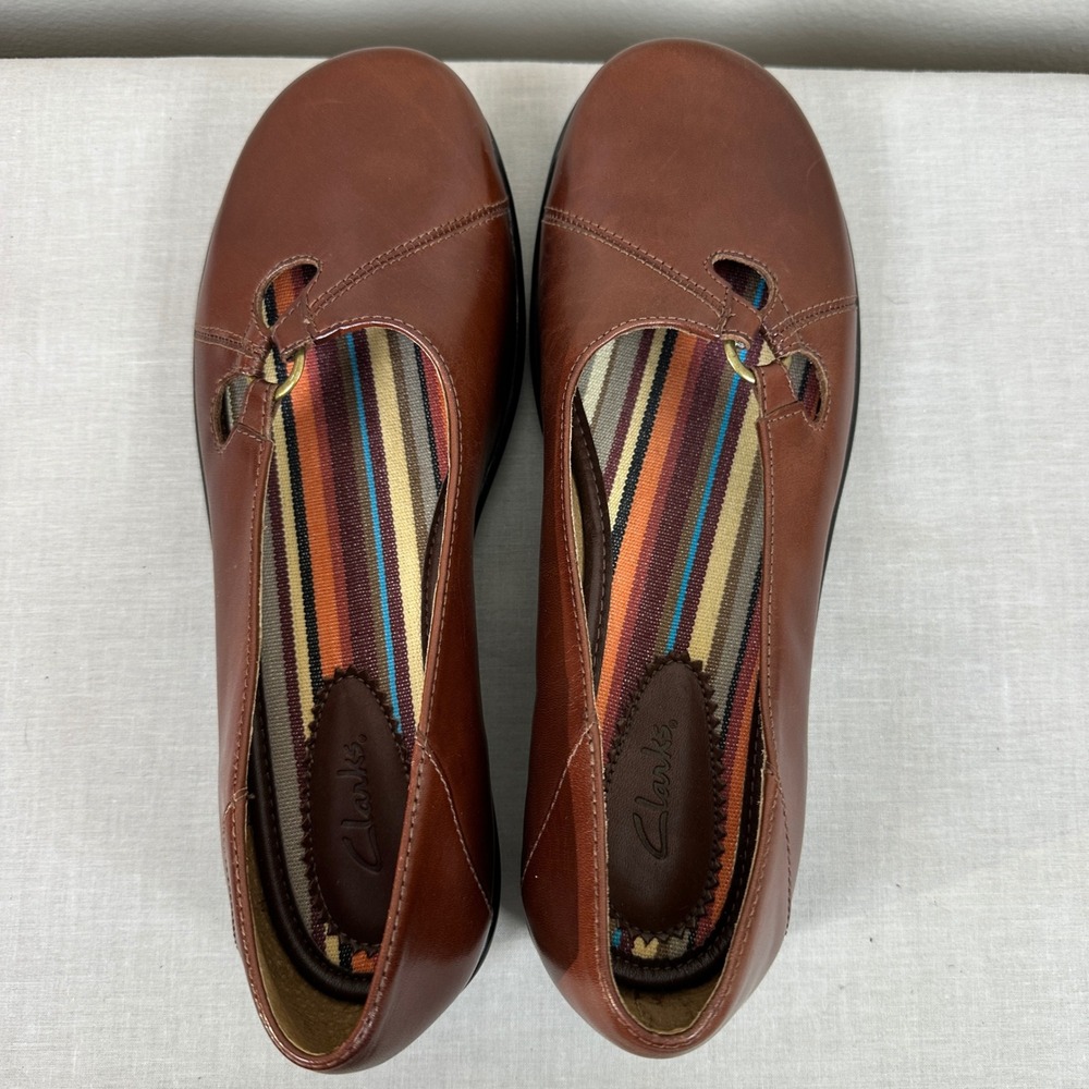 Clarks Brown Leather Slip-On Flats with Striped Bow Accent - Picture 5 of 7